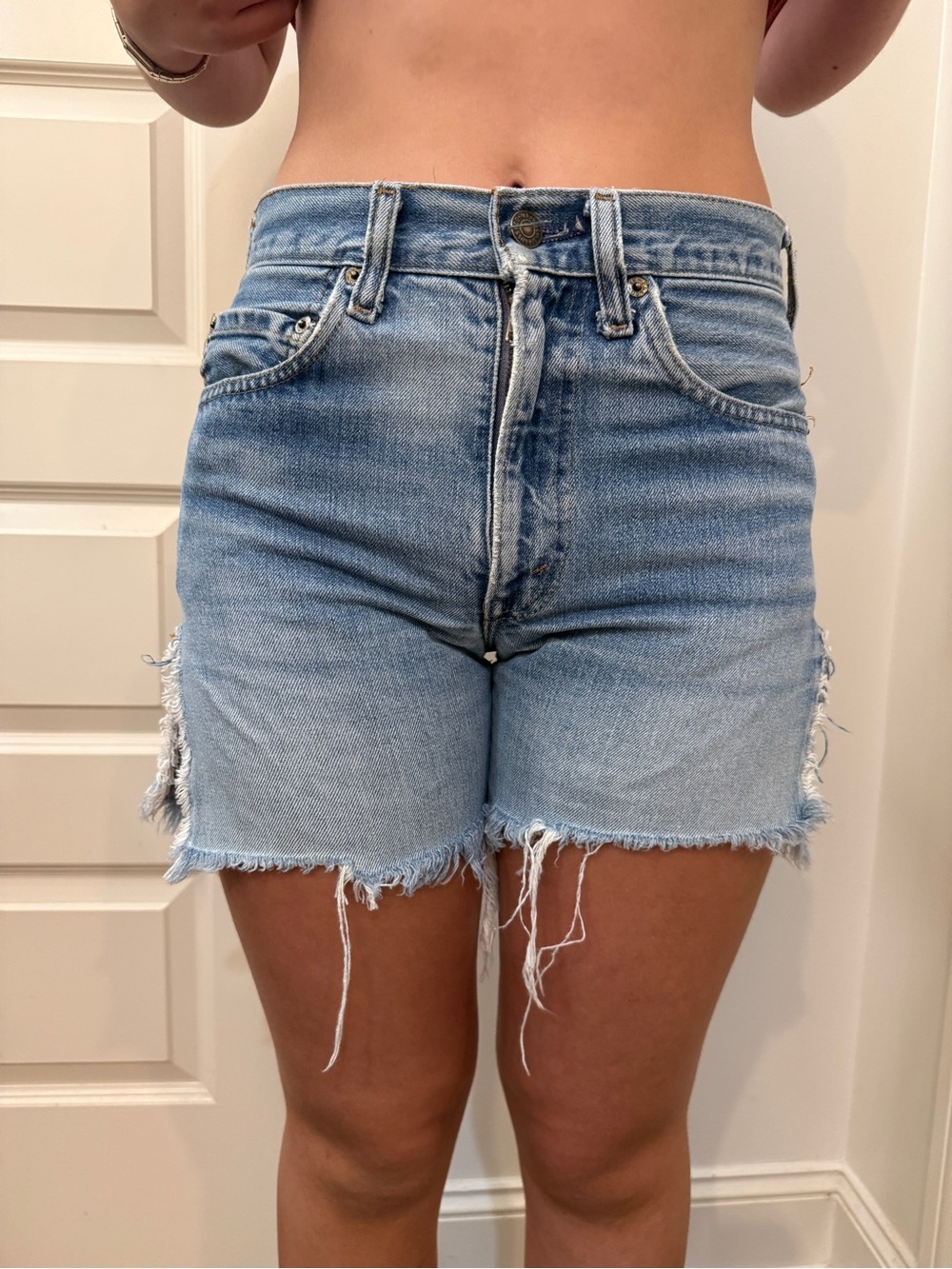 Levi's Light Blue Frayed Hem High-Rise Jean Shorts,501's, 70's era,see red tag